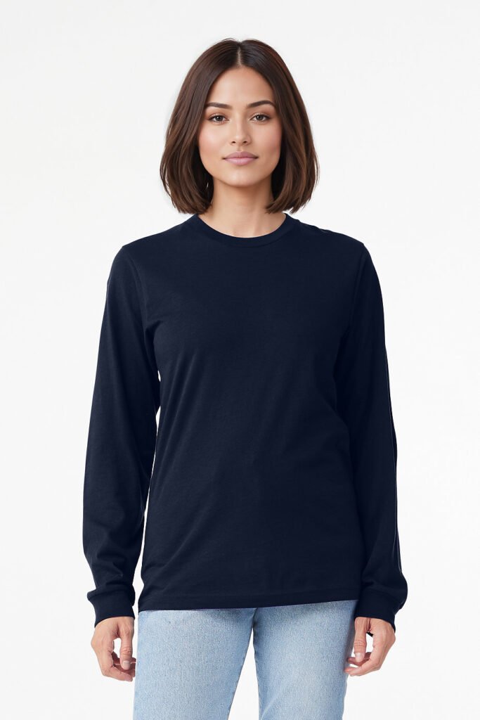 GF Bella Canvas 3501 Long Sleeve woman modeling navy
